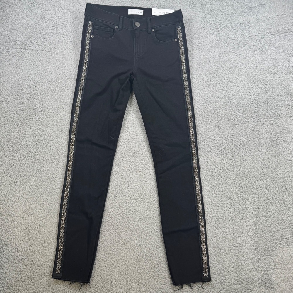 LOFT Black Modern Skinny Jeans Embellished Stripe Distressed Raw Hem Size 25